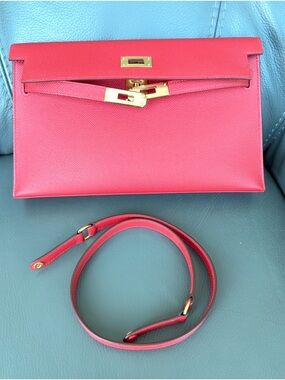 Hermès mini Kelly Elan Red Epsom Gold Hardware Clutch Crossbody Full Set New